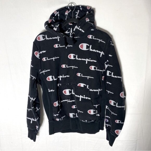 Vintage Champion Reverse Weave Black All Over Logo Print Hoodie M - Picture 16 of 16